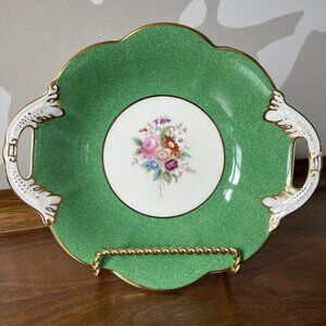 Coalport Bone China Handled Green Floral Bon Bon Candy Dish England Vintage Gold